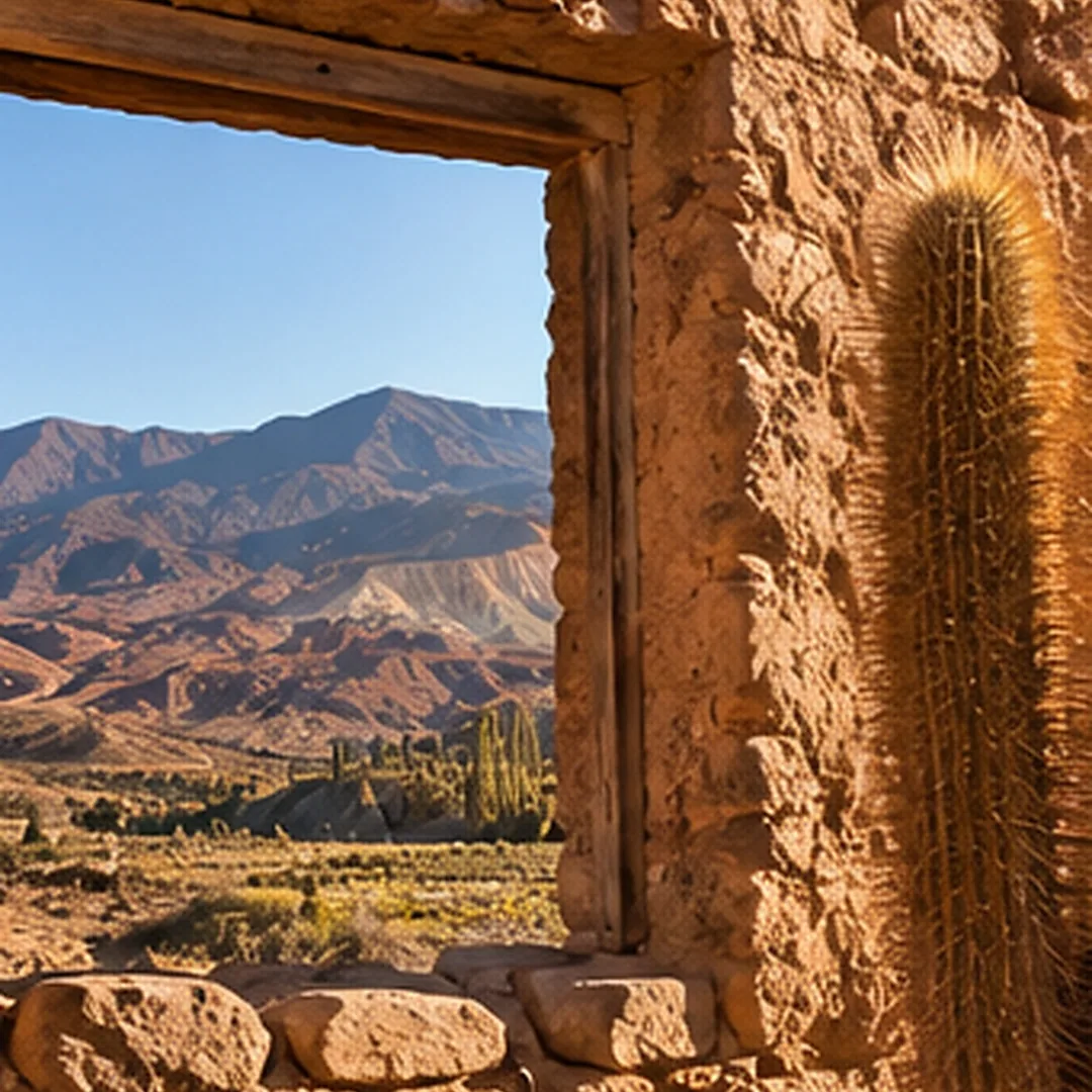 Vano de una pared de adobe que enmarca los cerros y el valle