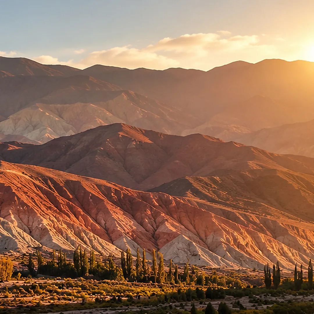 Cerros rojizos y ocres del noroeste con álamos al pie, iluminados por el sol bajo