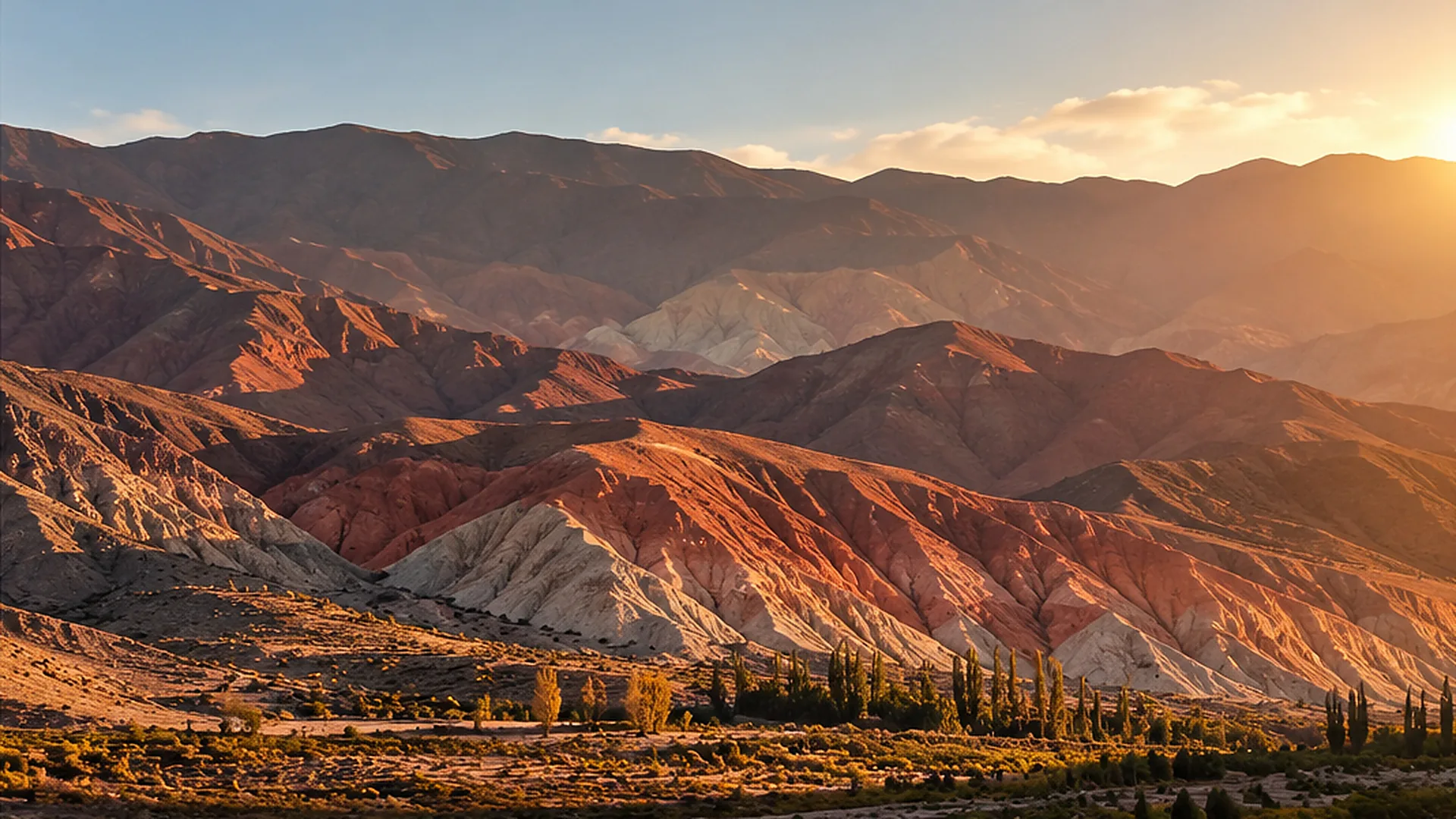 Cerros de tonos rojizos, ocres y blancos del noroeste argentino al atardecer, con álamos en el valle