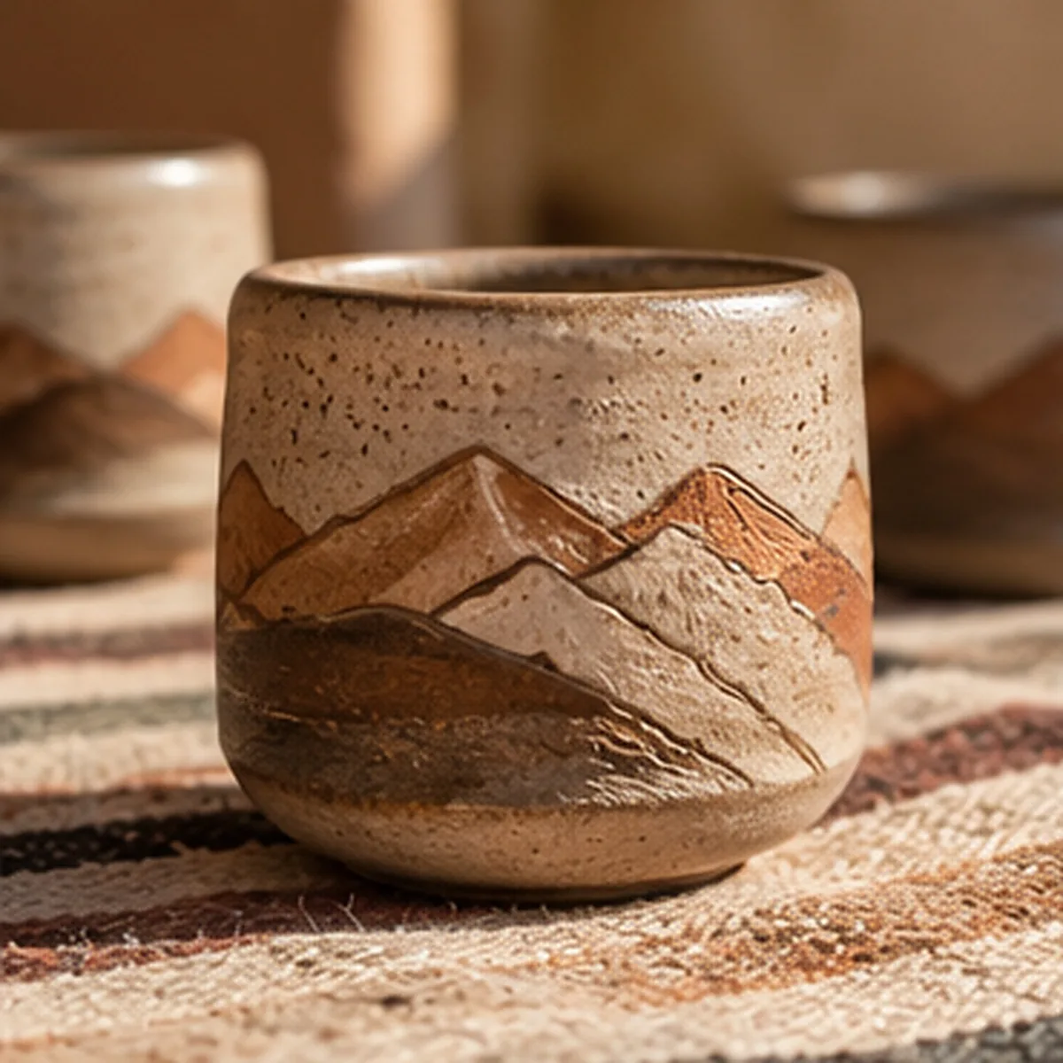 Vaso de cerámica con cerros pintados en tonos tierra sobre un tejido a rayas
