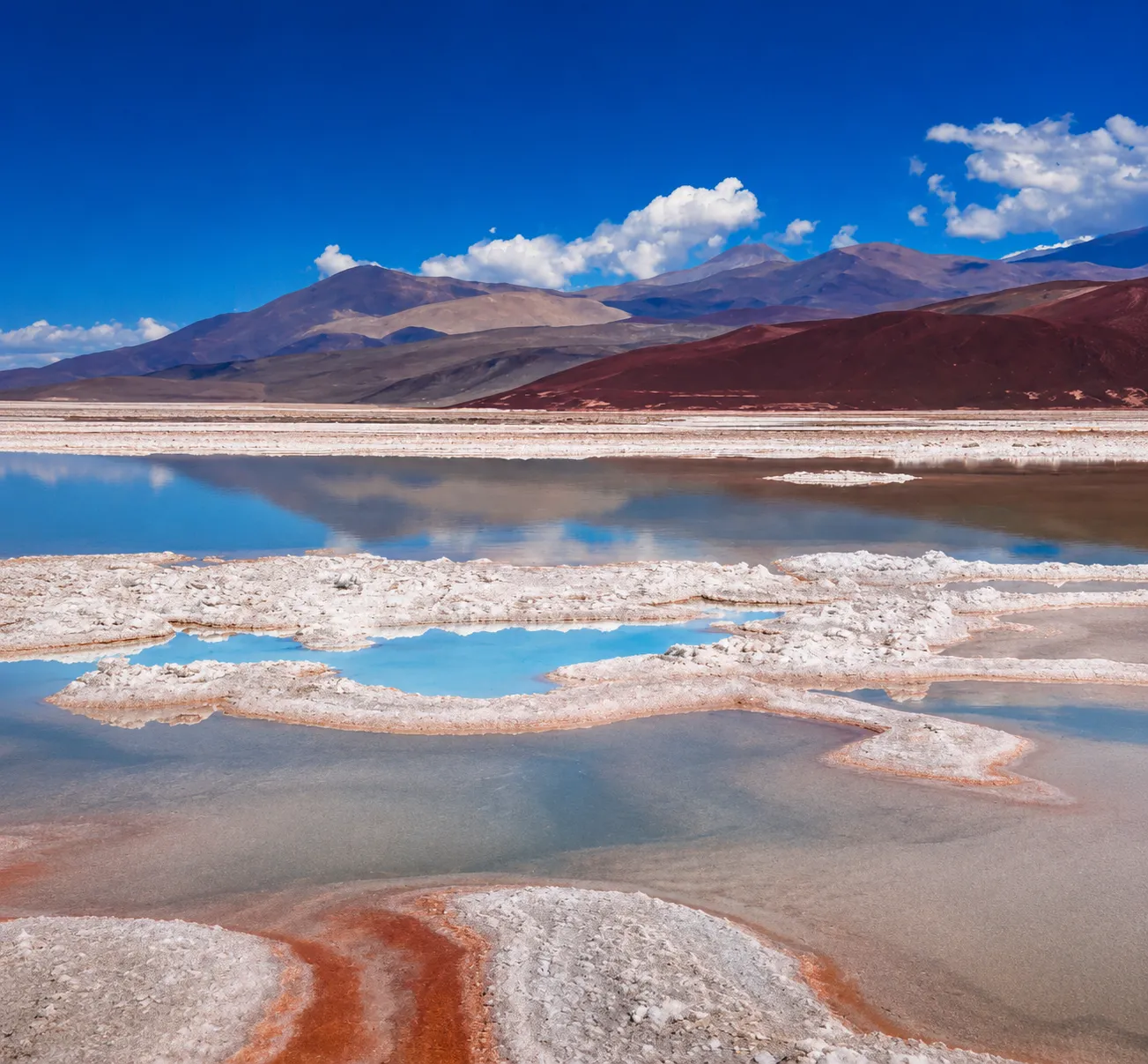 Lagunas de colores sobre la sal del Salar de Antofalla