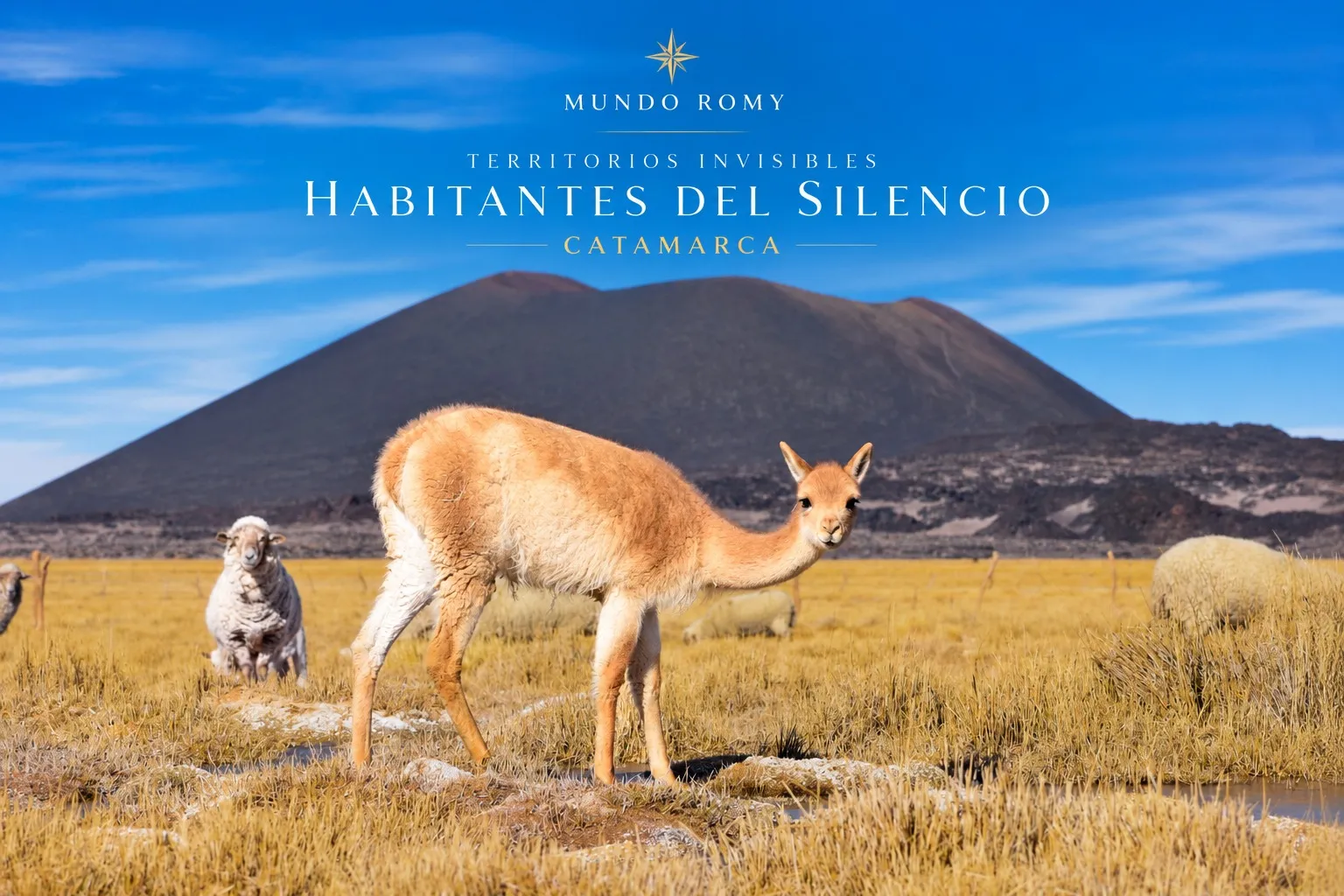 Vicuña pastando en la puna de Catamarca, con un volcán oscuro de fondo