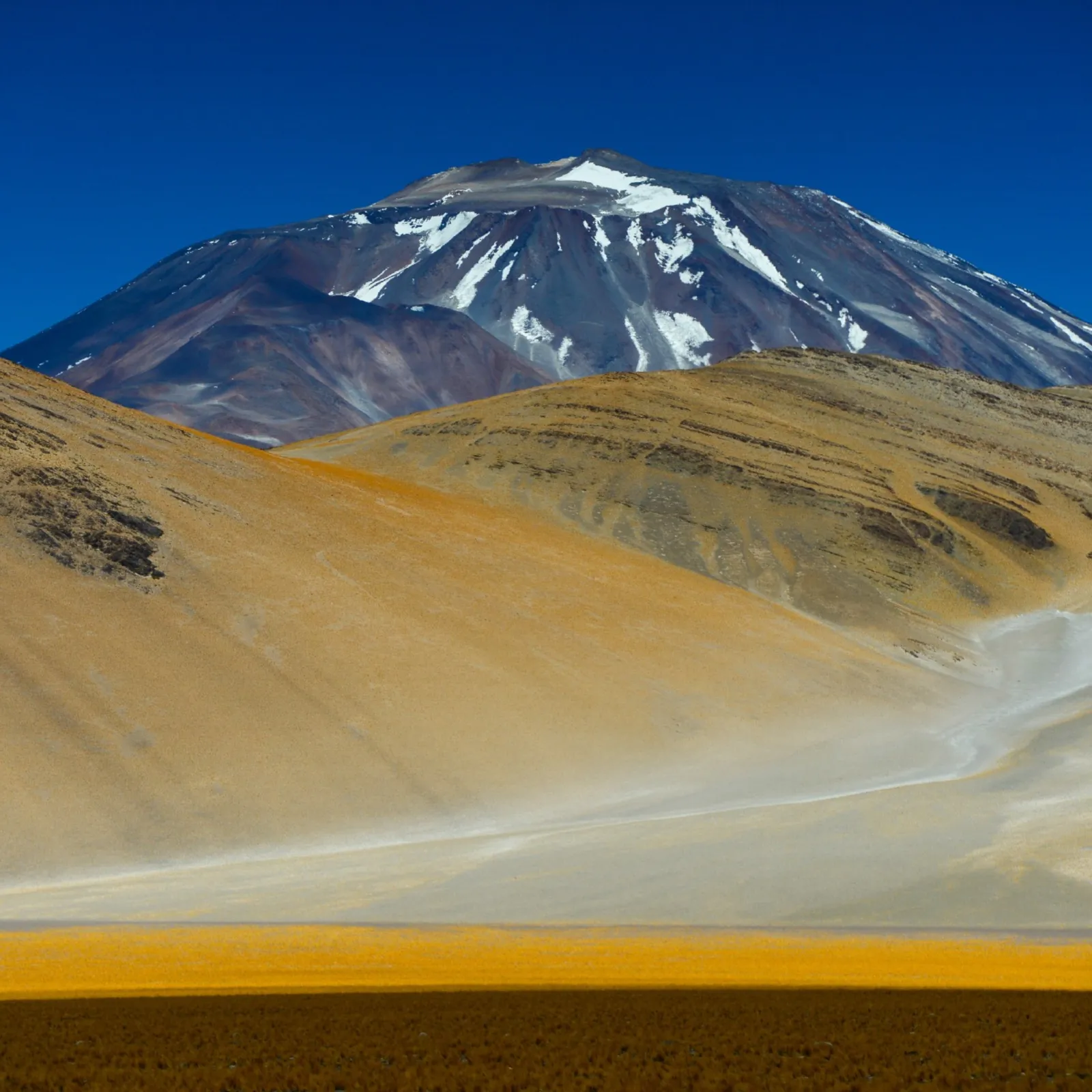 Montaña nevada sobre laderas doradas de la puna