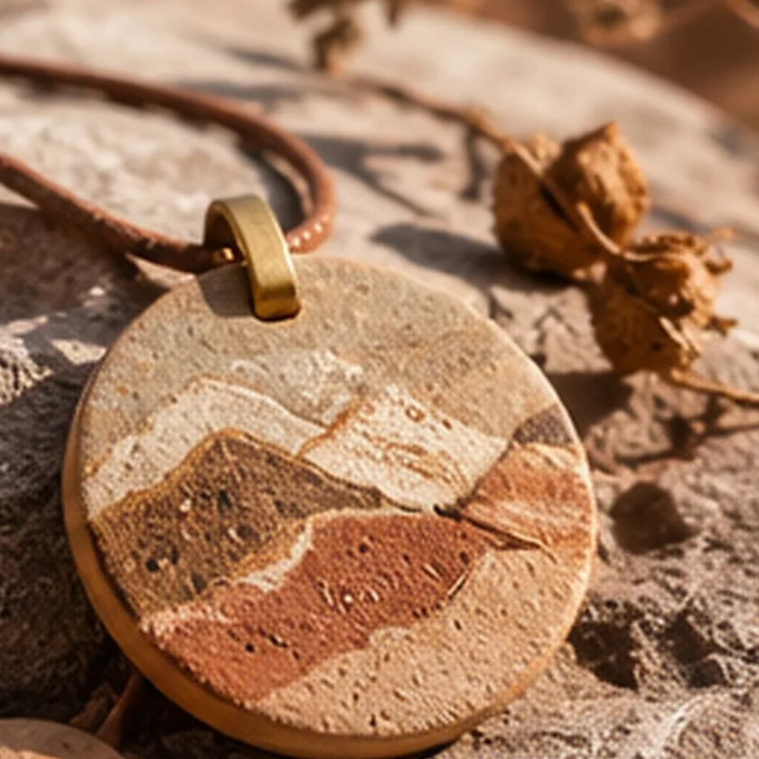 Detalle de un colgante de piedra con vetas que dibujan cerros, con argolla dorada y cordón de cuero