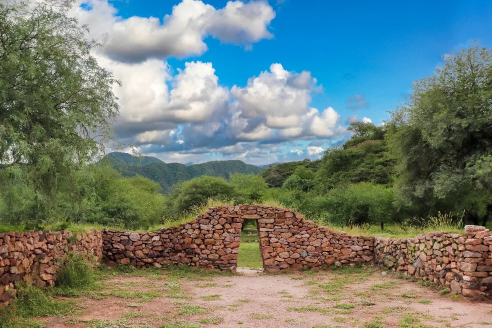 Entrada de piedra en un muro inca rodeado de vegetación